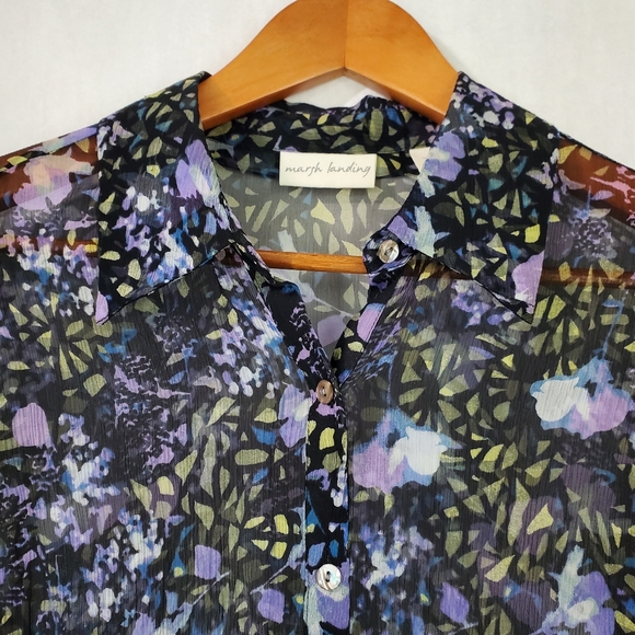 MARSH LANDING 100% Silk Black and Purple Sheer Button Up Floral Top Sz M - Picture 3 of 11